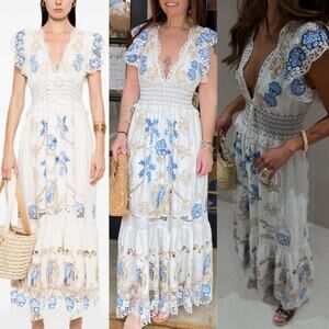 FARM RIO Off white Romantic Richelieu Maxi Dress embroidered Linen size L 8/10
